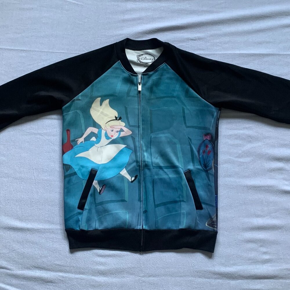 *ALICE IN WONDERLAND Disney Black and Blue Graphic Bomber Jacket Large-Sized